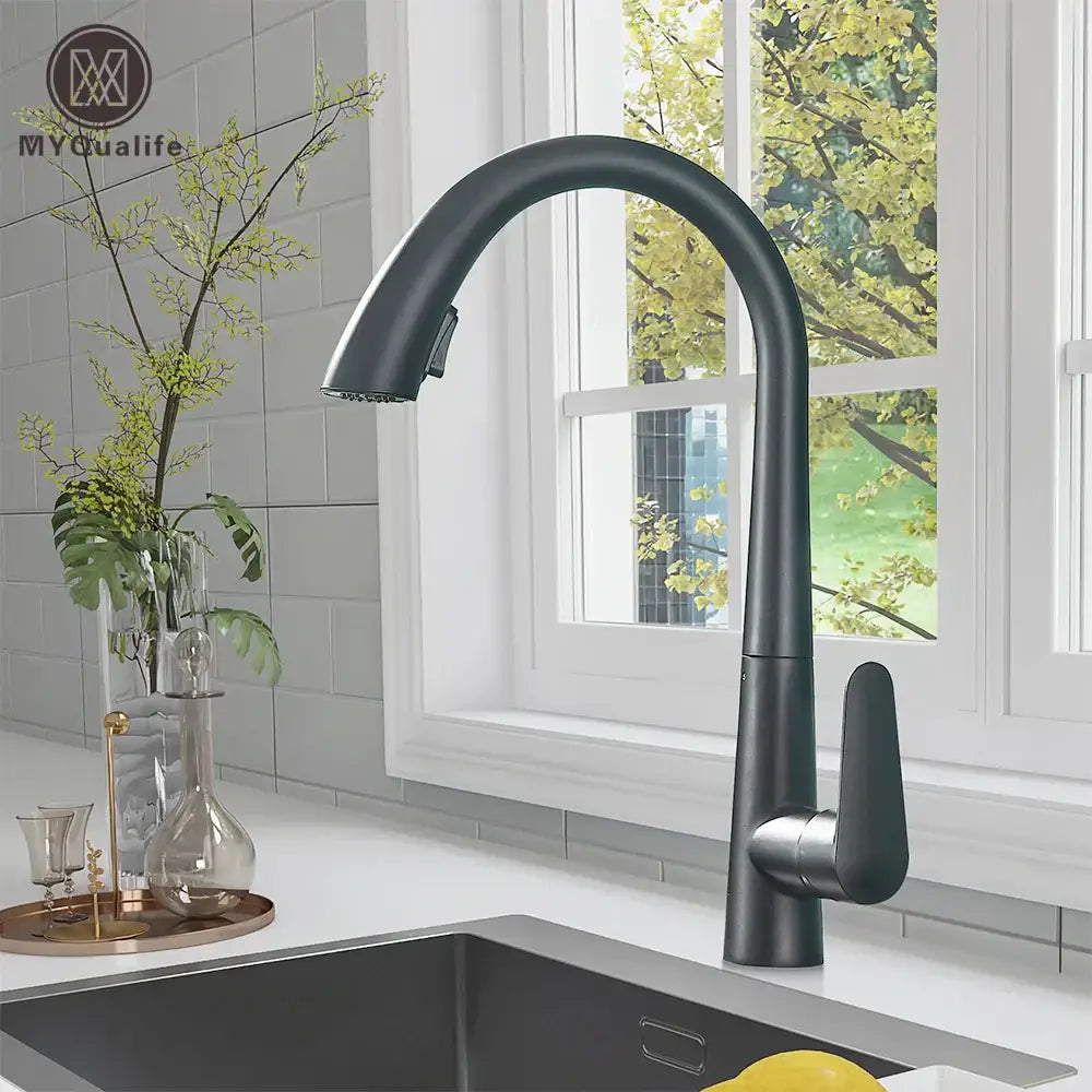 Matte black single handle kitchen faucet with curved spout