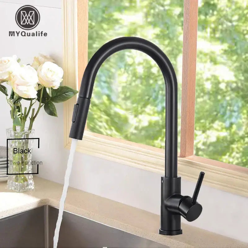Matte black kitchen faucet with pull down spray head