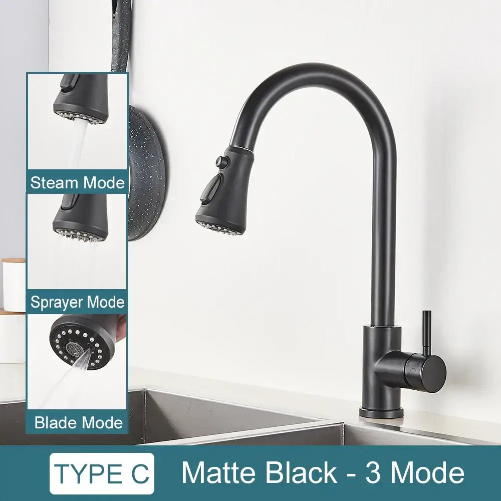 Matte black kitchen faucet with pull down spray head