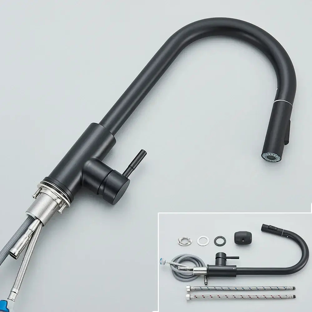 Matte black kitchen faucet with pull down spray head
