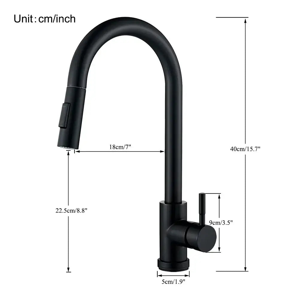 Matte black kitchen faucet with pull down spray head