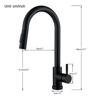 Matte black kitchen faucet with pull down spray head