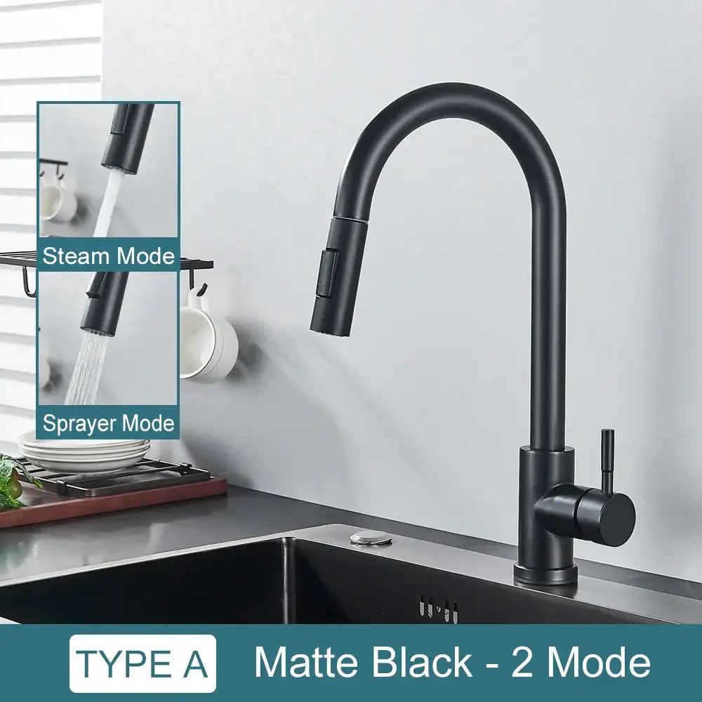 Matte black kitchen faucet with pull down spray head