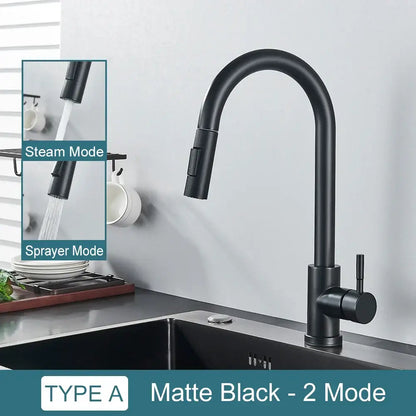 Matte black kitchen faucet with pull down spray head