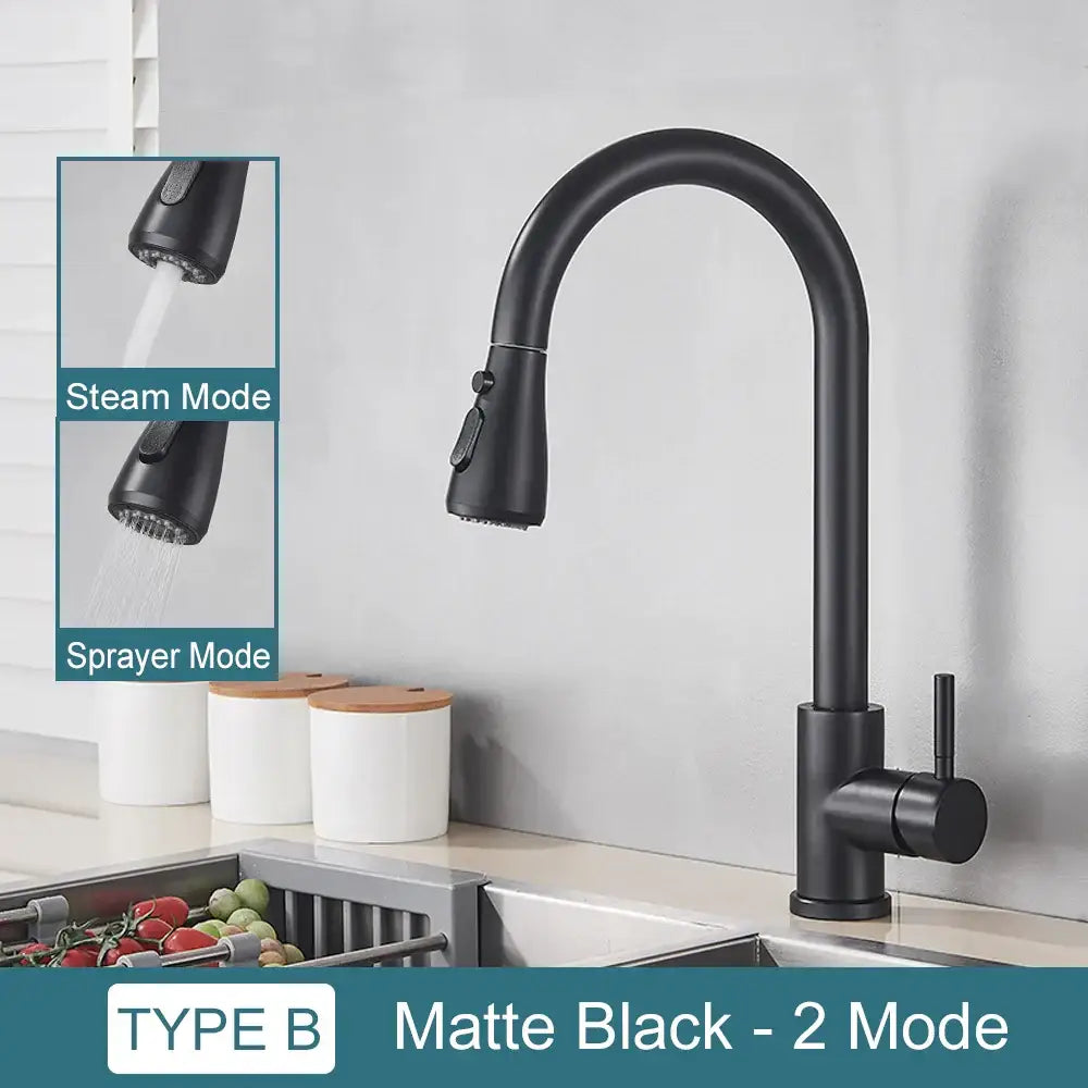Matte black kitchen faucet with pull down spray head