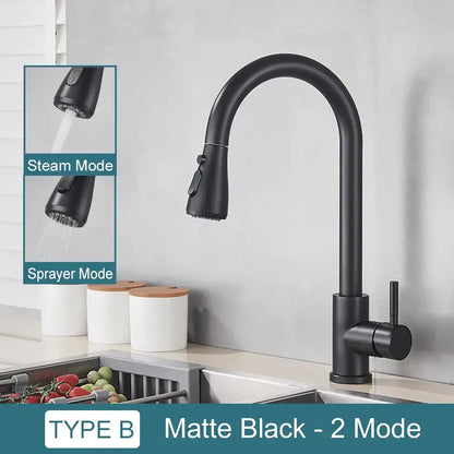 Matte black kitchen faucet with pull down spray head