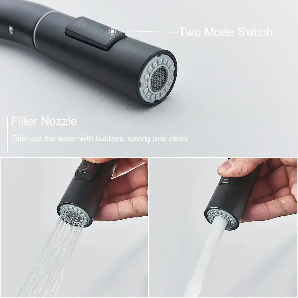Matte black kitchen faucet with pull down spray head