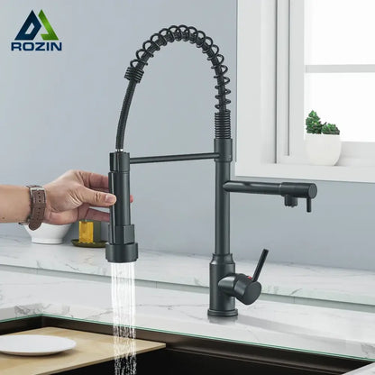 Modern matte black kitchen faucet with pull down spring sprayer