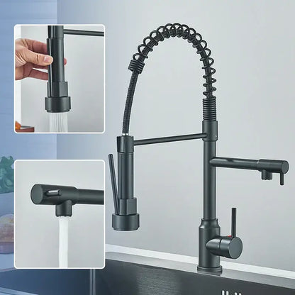 Modern matte black kitchen faucet with pull down spring sprayer