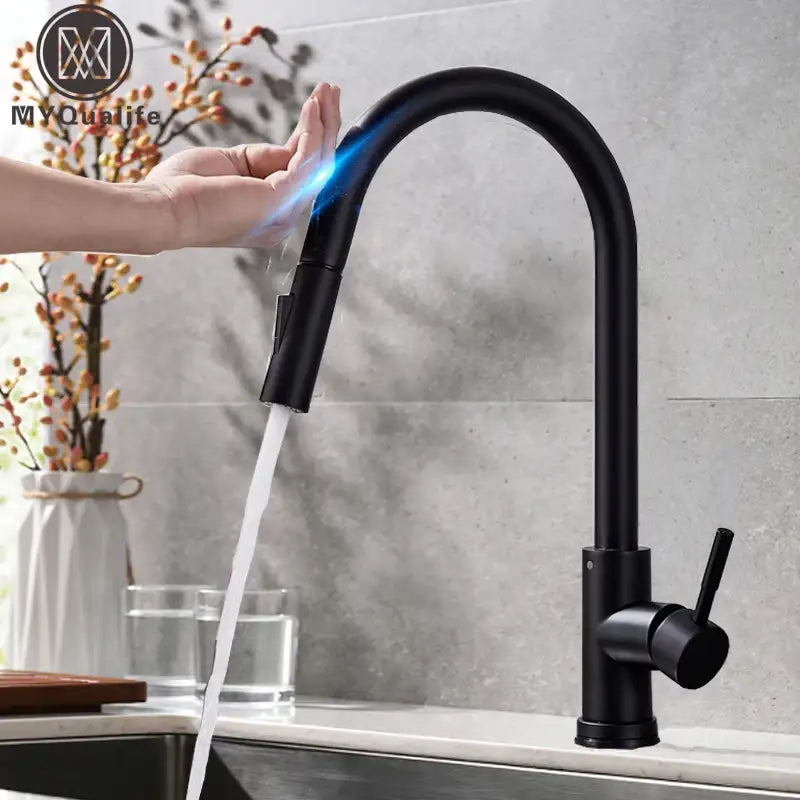 Matte black touch sensor mixer tap kitchen pull down faucet