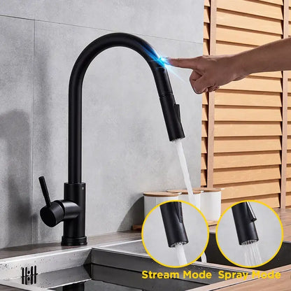 Matte black touch sensor mixer tap kitchen pull down faucet