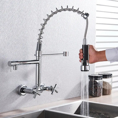Modern matte black kitchen faucet with dual swivel spouts
