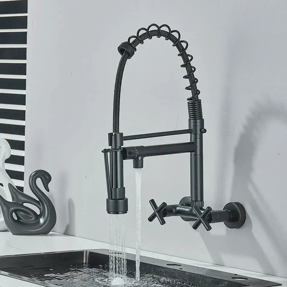 Modern matte black kitchen faucet with dual swivel spouts