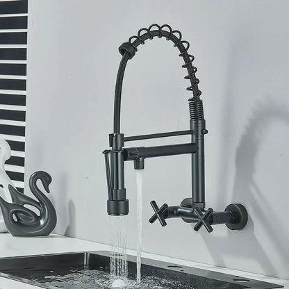 Modern matte black kitchen faucet with dual swivel spouts