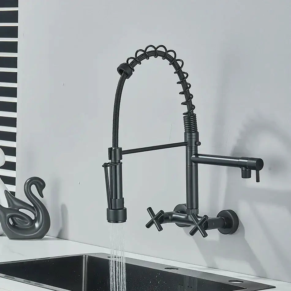 Modern matte black kitchen faucet with dual swivel spouts
