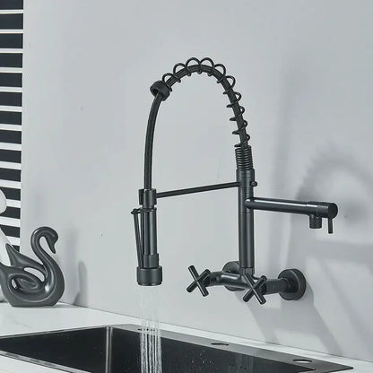 Modern matte black kitchen faucet with dual swivel spouts