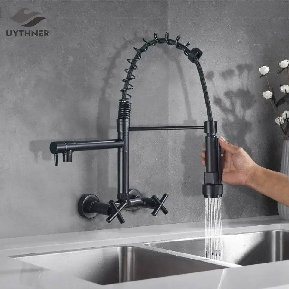 Modern matte black kitchen faucet with dual swivel spouts