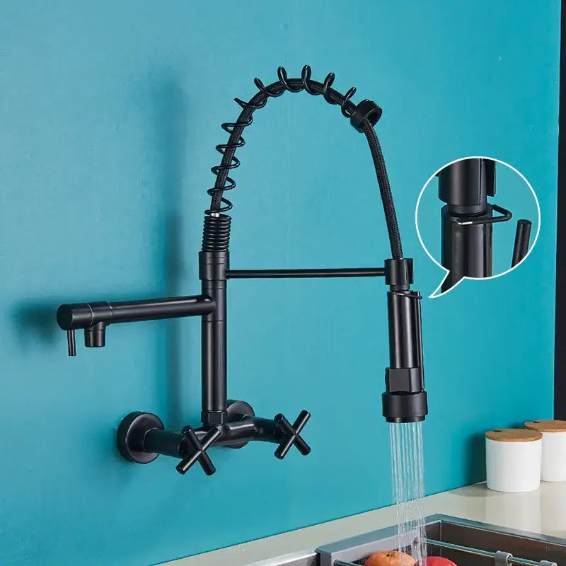 Modern matte black kitchen faucet with dual swivel spouts
