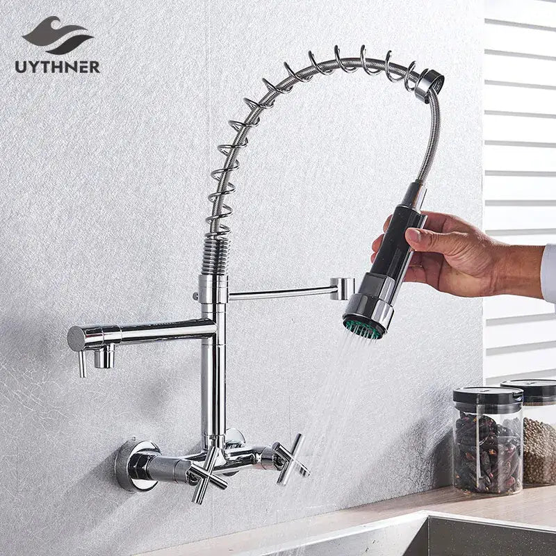 Modern matte black kitchen faucet with dual swivel spouts