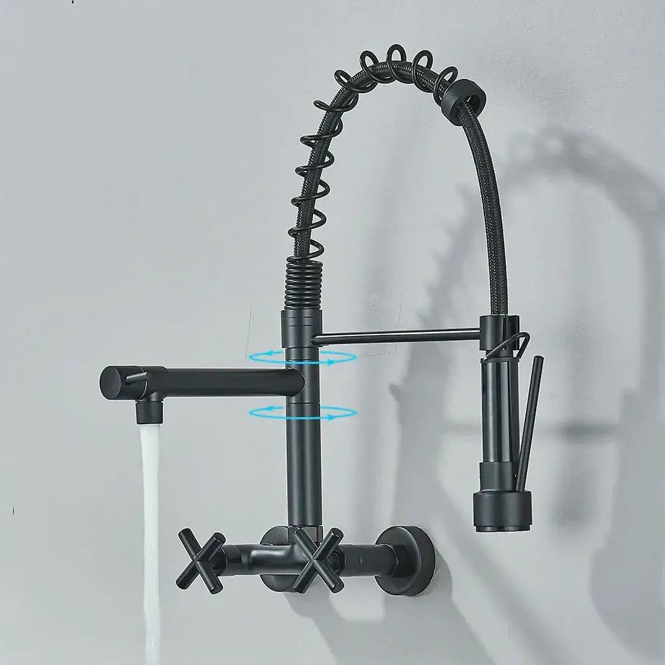Modern matte black kitchen faucet with dual swivel spouts