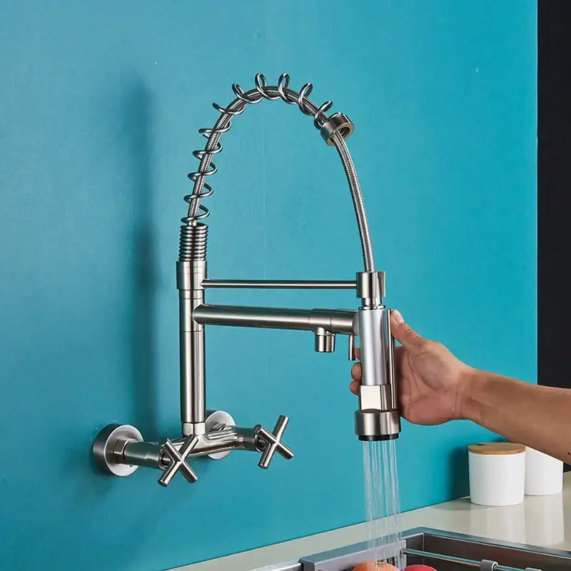 Modern matte black kitchen faucet with dual swivel spouts