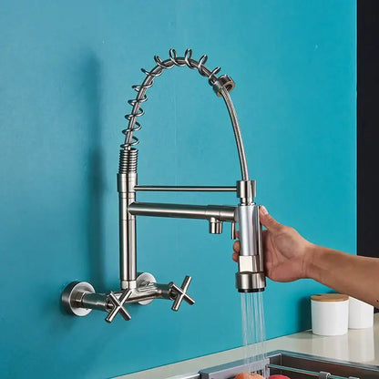 Modern matte black kitchen faucet with dual swivel spouts