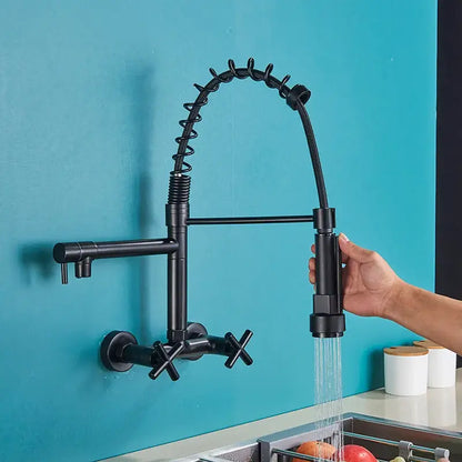 Modern matte black kitchen faucet with dual swivel spouts