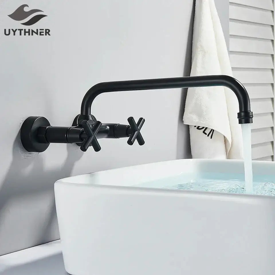 Matte black wall mounted kitchen faucet with swivel spout