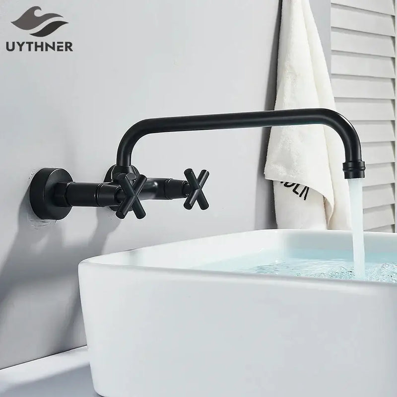 Matte black wall mounted kitchen faucet with swivel spout