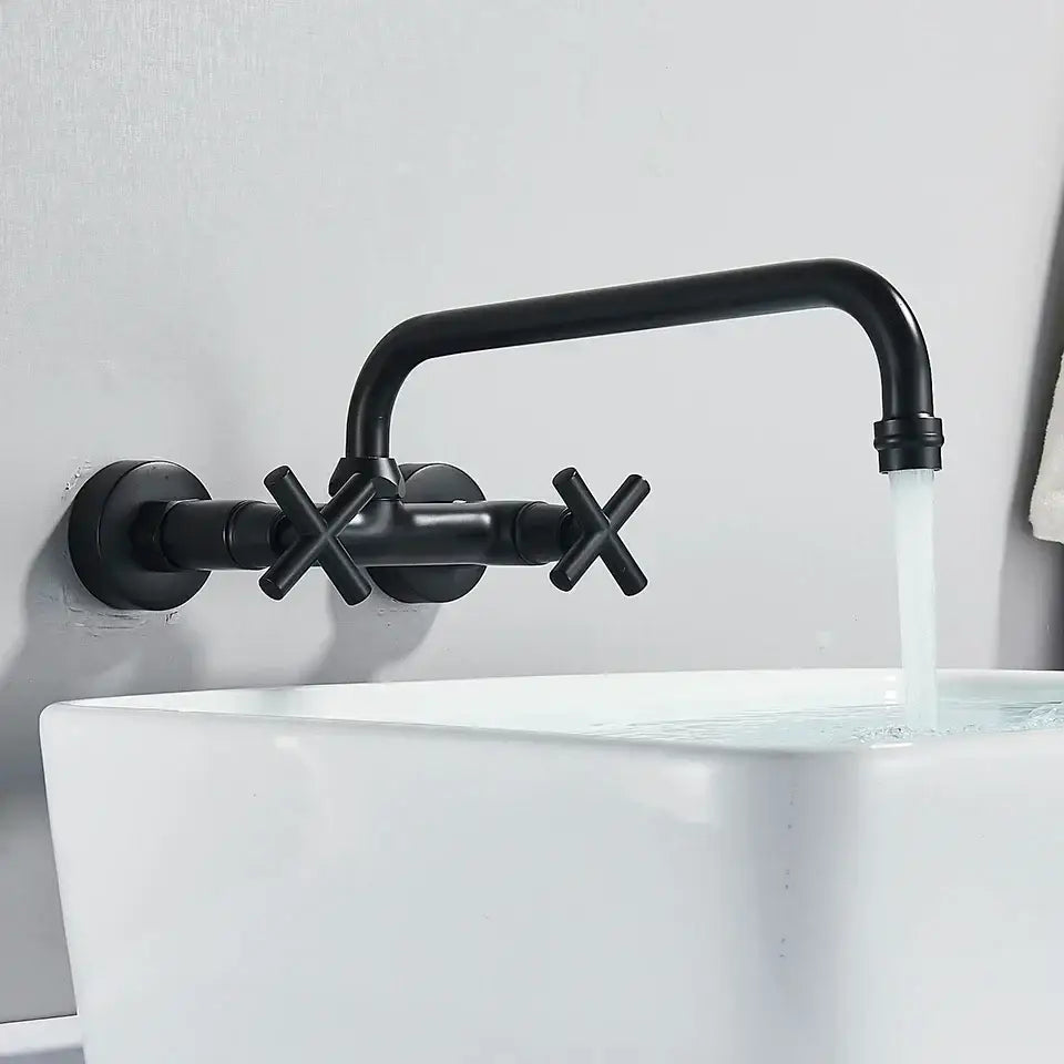 Matte black wall mounted kitchen faucet with swivel spout