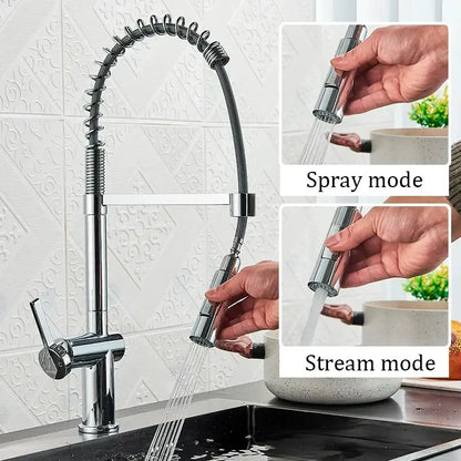 Matte black kitchen faucet with coiled pull down sprayer