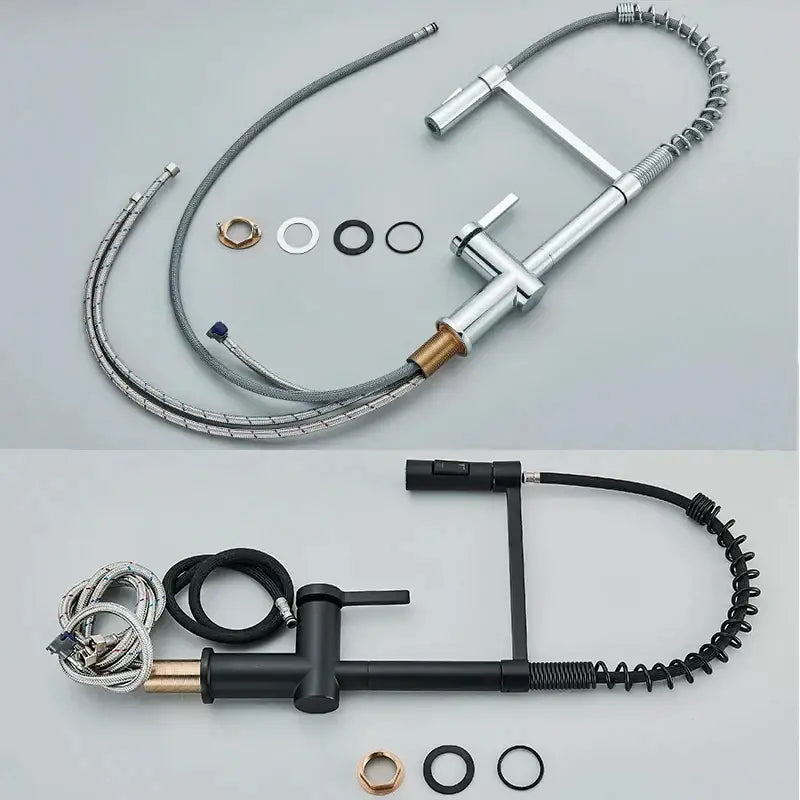 Matte black kitchen faucet with coiled pull down sprayer