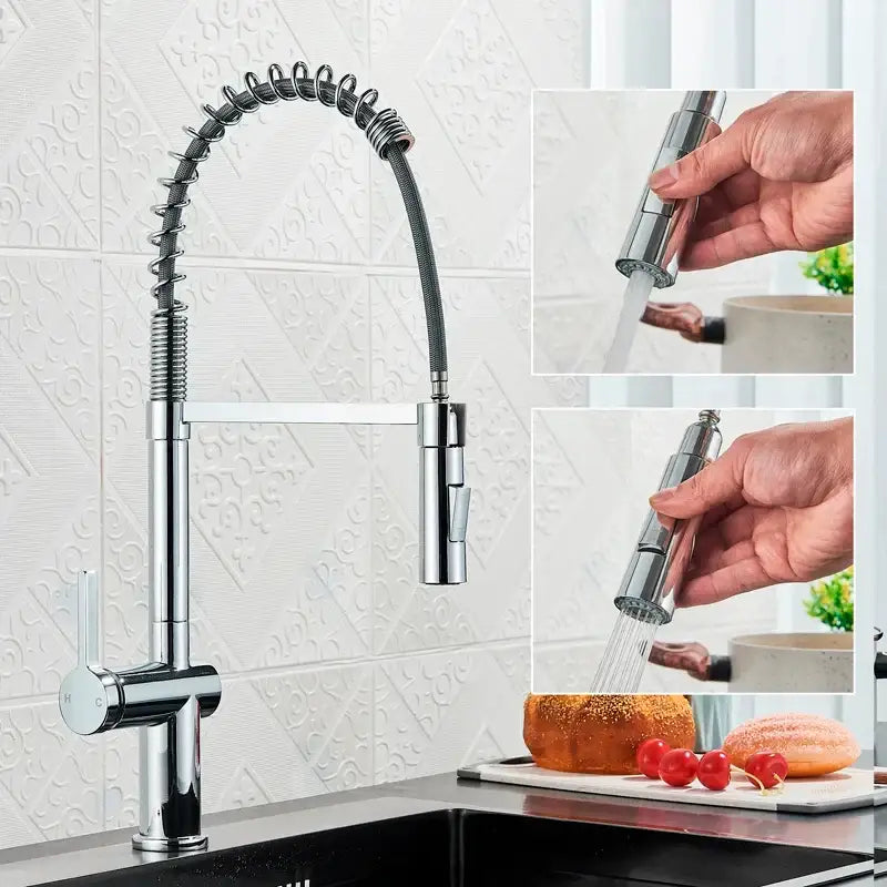 Matte black kitchen faucet with coiled pull down sprayer