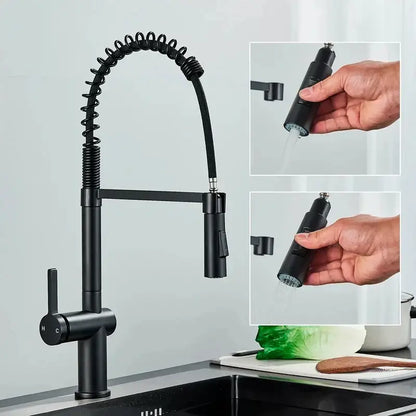 Matte black kitchen faucet with coiled pull down sprayer