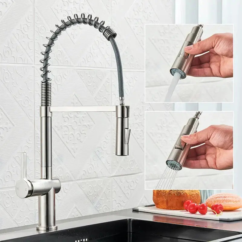 Matte black kitchen faucet with coiled pull down sprayer
