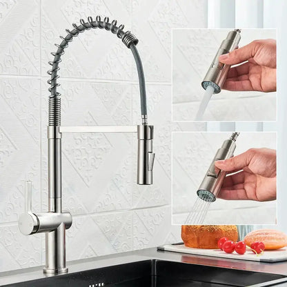 Matte black kitchen faucet with coiled pull down sprayer