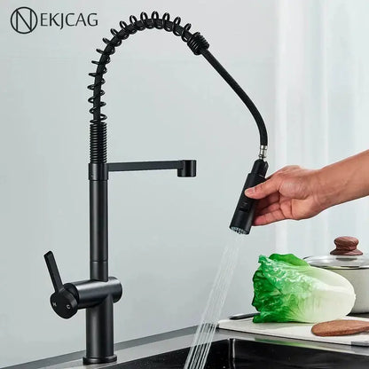 Matte black kitchen faucet with coiled pull down sprayer