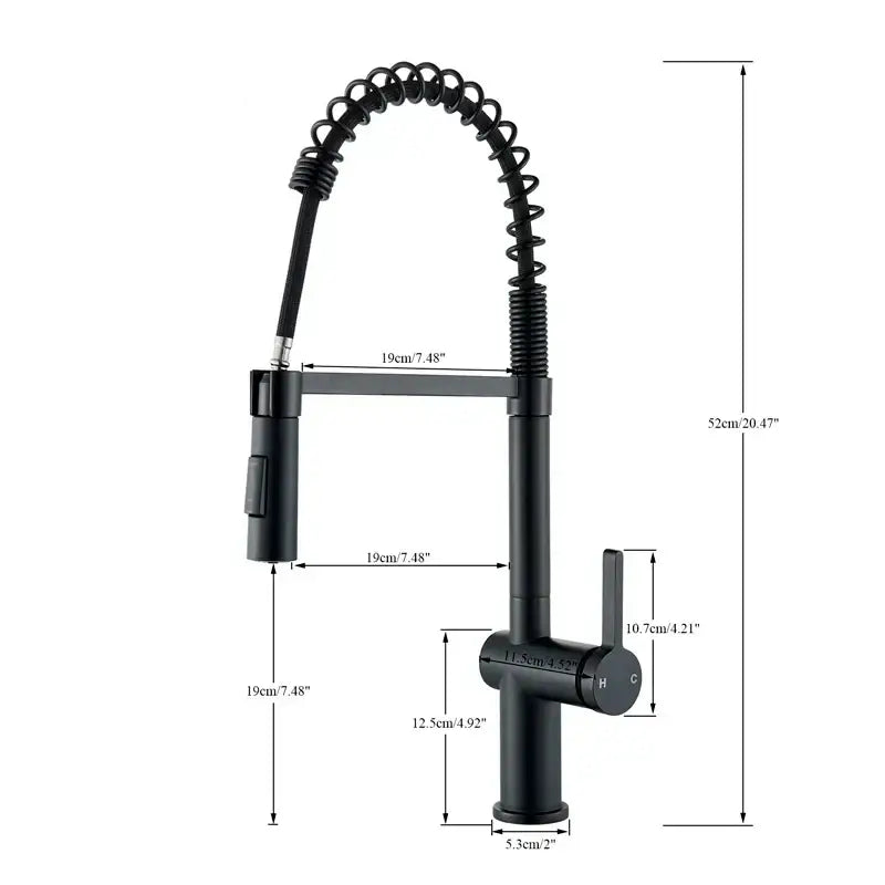 Matte black kitchen faucet with coiled pull down sprayer