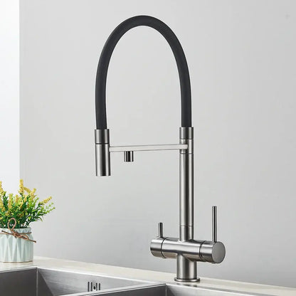 Matte black kitchen faucet with purifier and dual handles