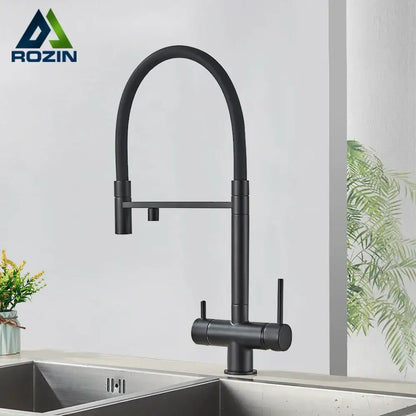 Matte black kitchen faucet with purifier and dual handles