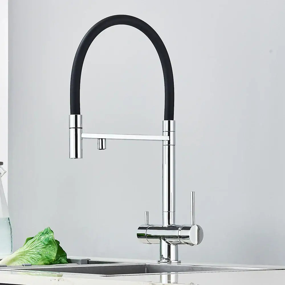 Matte black kitchen faucet with purifier and dual handles