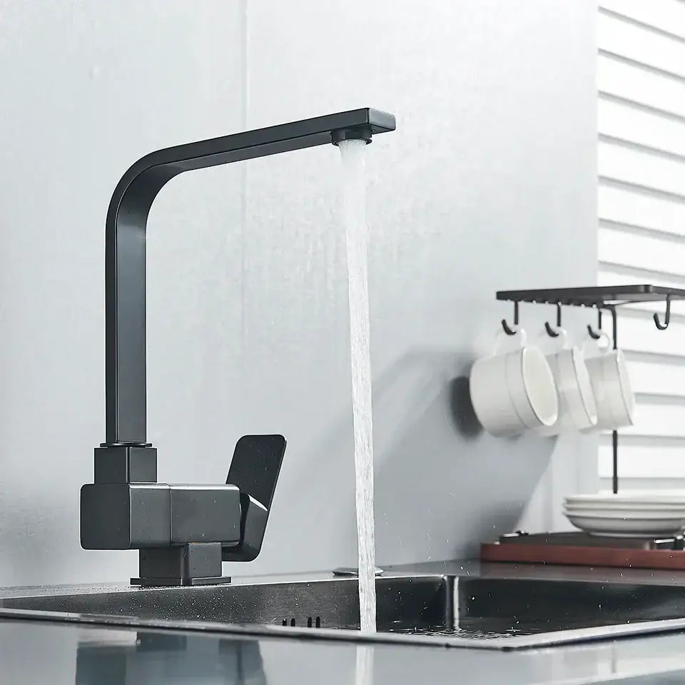 Modern matte black kitchen rotating faucet with foldable single handle
