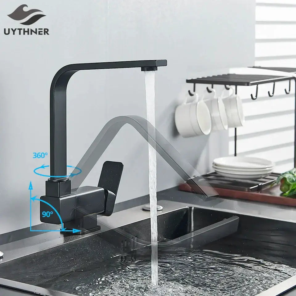 Modern matte black kitchen rotating faucet with foldable single handle