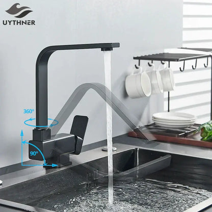 Modern matte black kitchen rotating faucet with foldable single handle