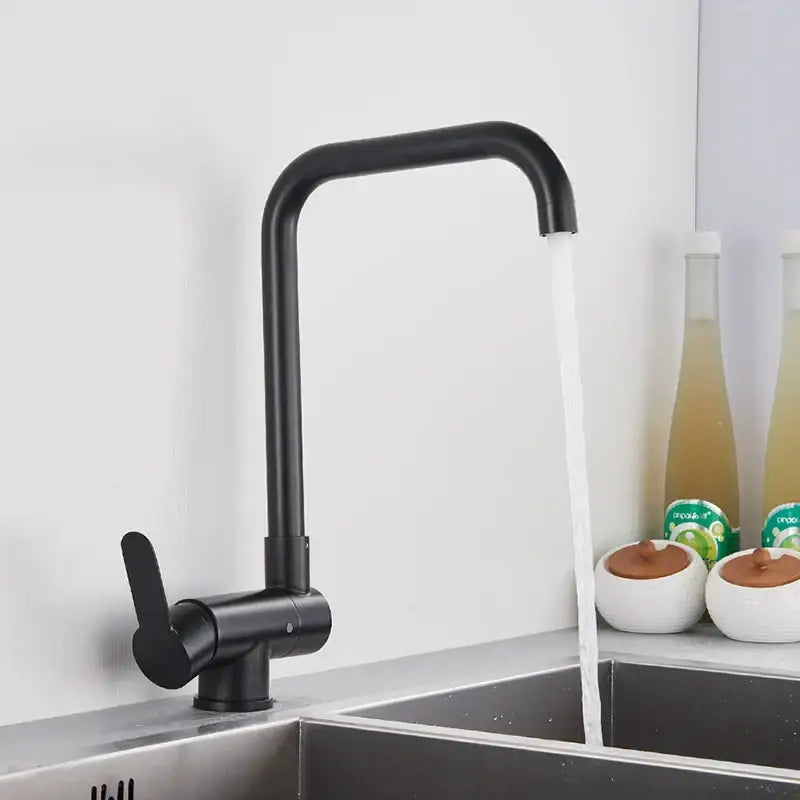 Modern matte black kitchen rotating faucet with foldable single handle