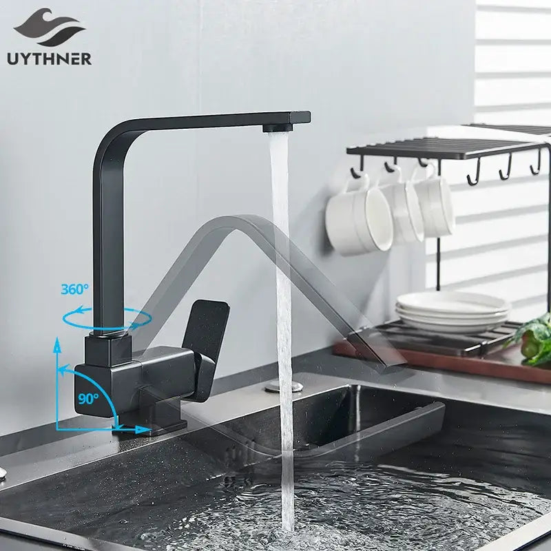 Modern matte black kitchen rotating faucet with foldable single handle