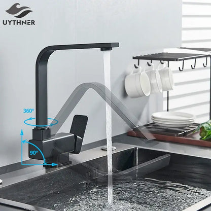 Modern matte black kitchen rotating faucet with foldable single handle