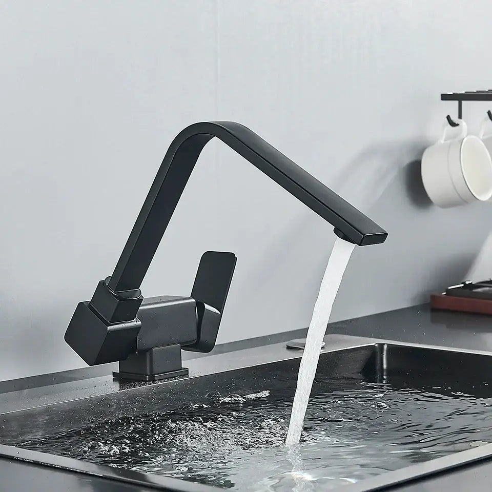 Modern matte black kitchen rotating faucet with foldable single handle