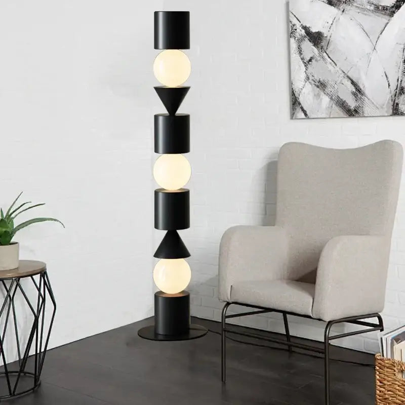 Geometric black led floor lamp for living room with spherical bulbs