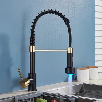 Modern matte black led kitchen faucet with pull down sprayer